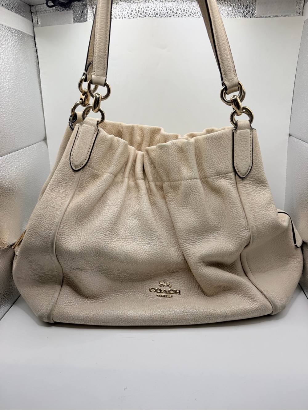 Coach Cream Pebbled Leather Shoulder Bag with Gold Hardware
